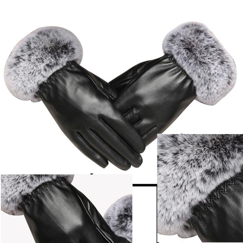 Leather Gloves Ladies Winter Korean Cute Thickening Warmth Cycling Motorcycle Outdoor Riding Touch Screen Cotton Gloves