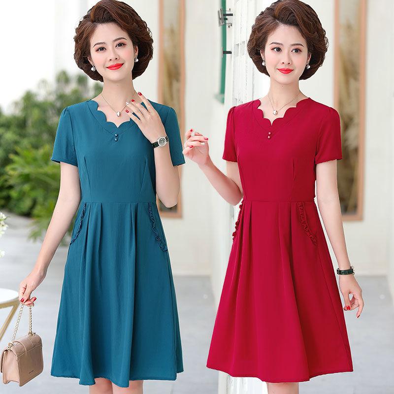 XL-XXXXXL Plus Size Polyester Short-sleeved Dress Summer Knee-length A-line V-neck Ruffle Pocket Skirt