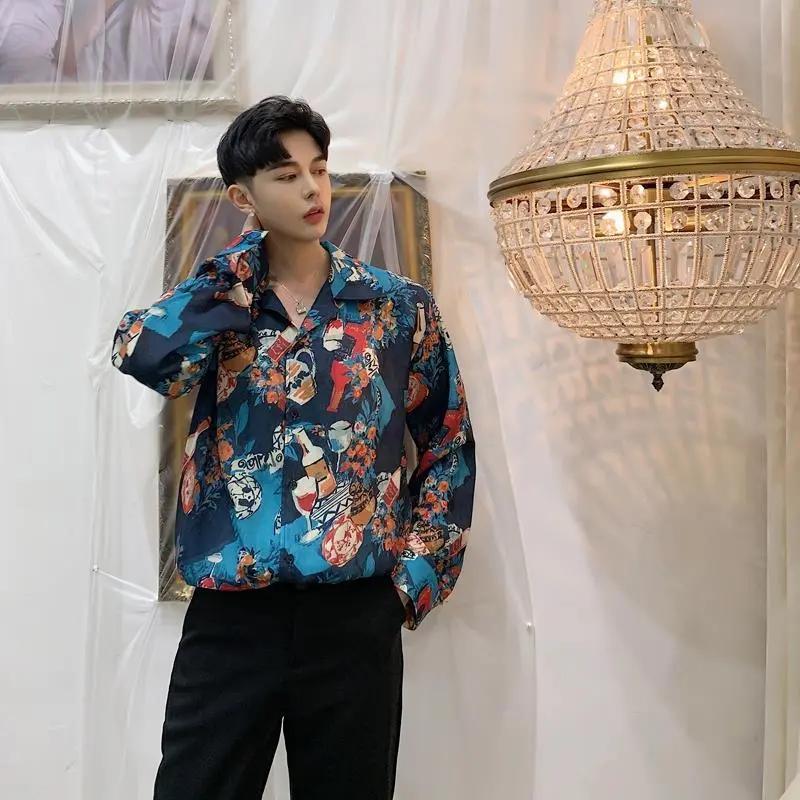 Korean Version of The Niche Designer Retro Printing Loose Paper Piece Chic Long-sleeved Shirt Men's Fashion Casual Flower Shirt