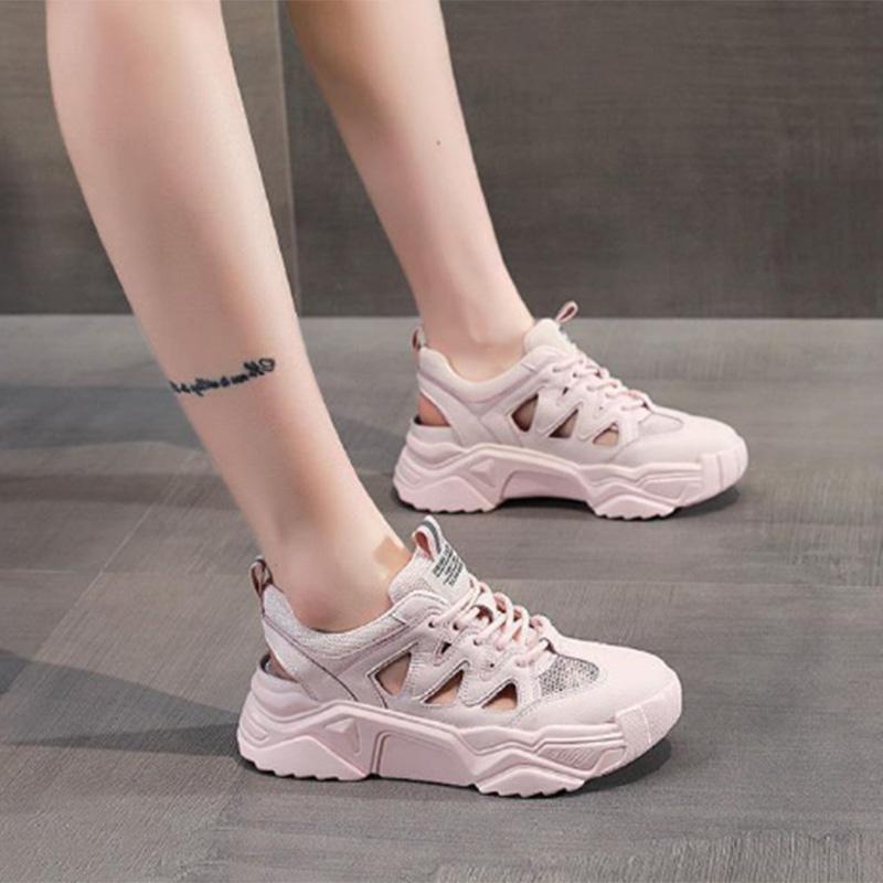 Hollow Dad Shoes Summer Models Breathable Solid Color High-heeled Women's Thick-soled Lace-up Casual Sports Shoes Women