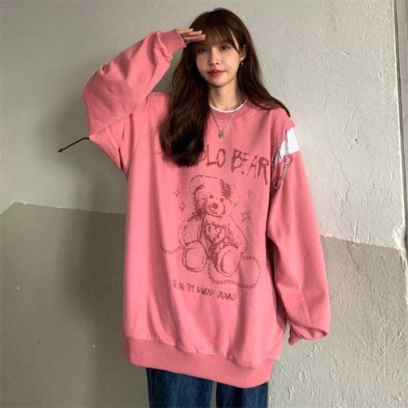 Women Hoodies Bear Graffiti Pullover Sweatshirt Oversized Streetwear Hip Hop Tracksuit Fashion Harajuku Pink Women Top Clothes