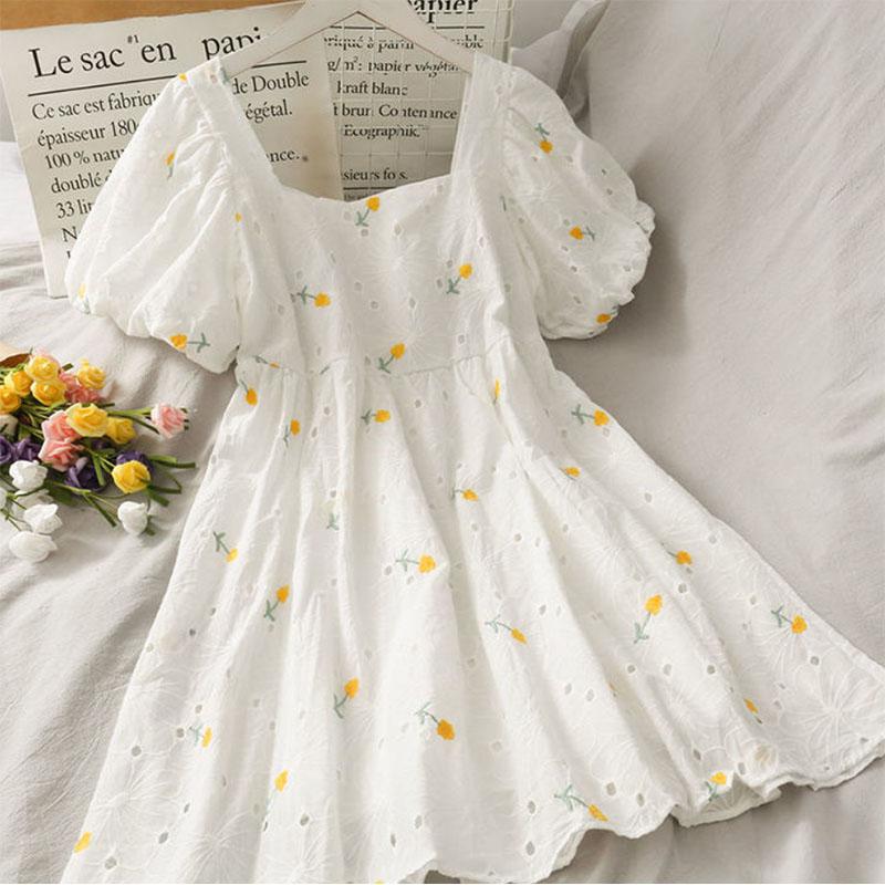 Hollow Embroidered Puff Sleeves Square Neck Short Sleeve Dress Slim Design Small Skirt