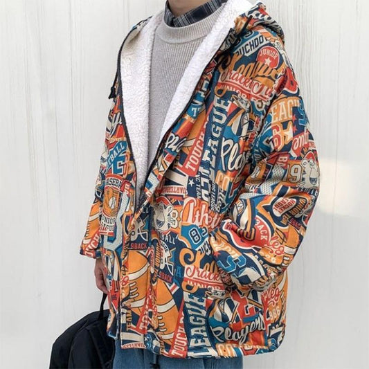 Graffiti Lamb Wool Coat Men's Winter Trend Plus Velvet Thick Loose Large Size Cotton Coat Padded Jacket