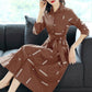Spring Summer Women's Solid Color Dress Single-breasted Printed Large Swing Skirt Retro Temperament Shirt Mid-length Dress