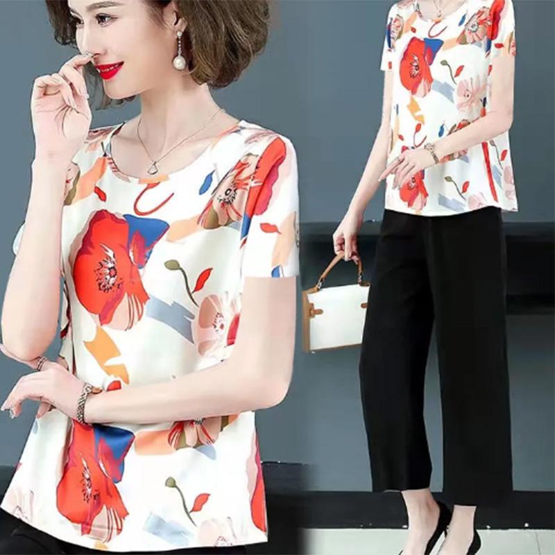 Summer Printing Middle-aged and Elderly Fashion Printing Ladies Age-reducing T-shirt Loose Short-sleeved Foreign Style Meat-covering Top