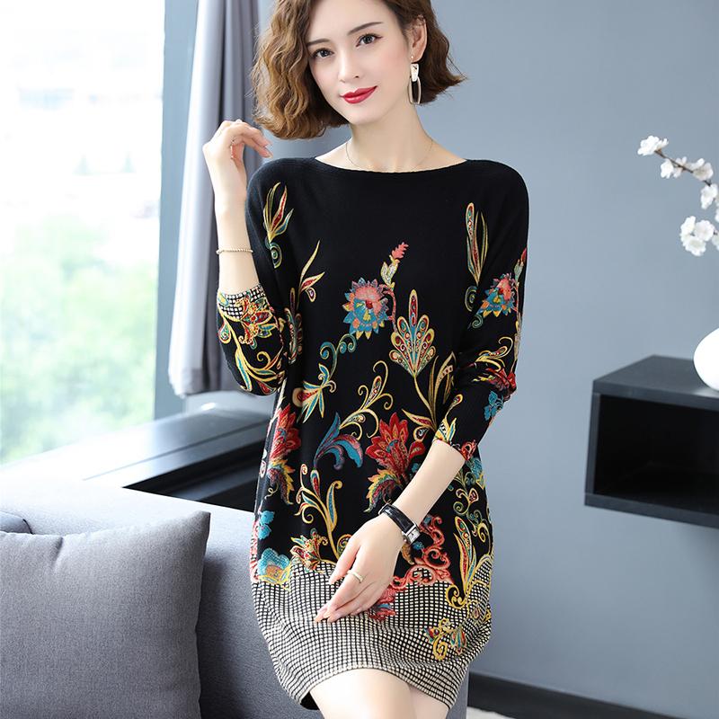 Floral Print Sweater Dress Women Long Sleeve Loose Casual Long Jumper Ladies Autumn Winter Sweater Dress