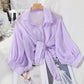 Summer Shirt Half Sleeve Buttoned Up Loose Casual Blouse Chiffon Shirts Women Tied Waist Elegant Blouses for Women