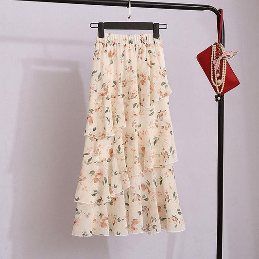Elegant Floral Print Chiffon Skirts Women Summer A Line Pink Streetwear High Waist Ladies Midi Skirt