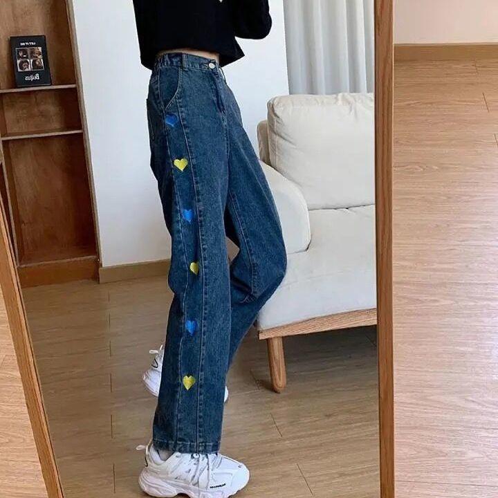 Love Embroidered Jeans Women's Straight Spring and Autumn High Waist Loose Korean Version Slim and Versatile Wide Leg Pants