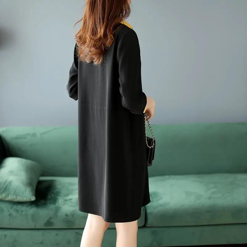 ChiffonTurn-down Collar 3/4 Sleeved Dress Spring and Autumn Large Size Loose Above Knee Length Buttons Color Stitching