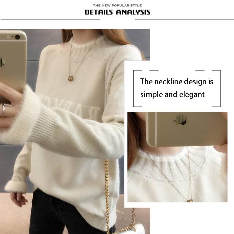 Pofulove women's Embroidered sweater fine-knit pullover sweater mock turtleneck fluffy plush cuffs