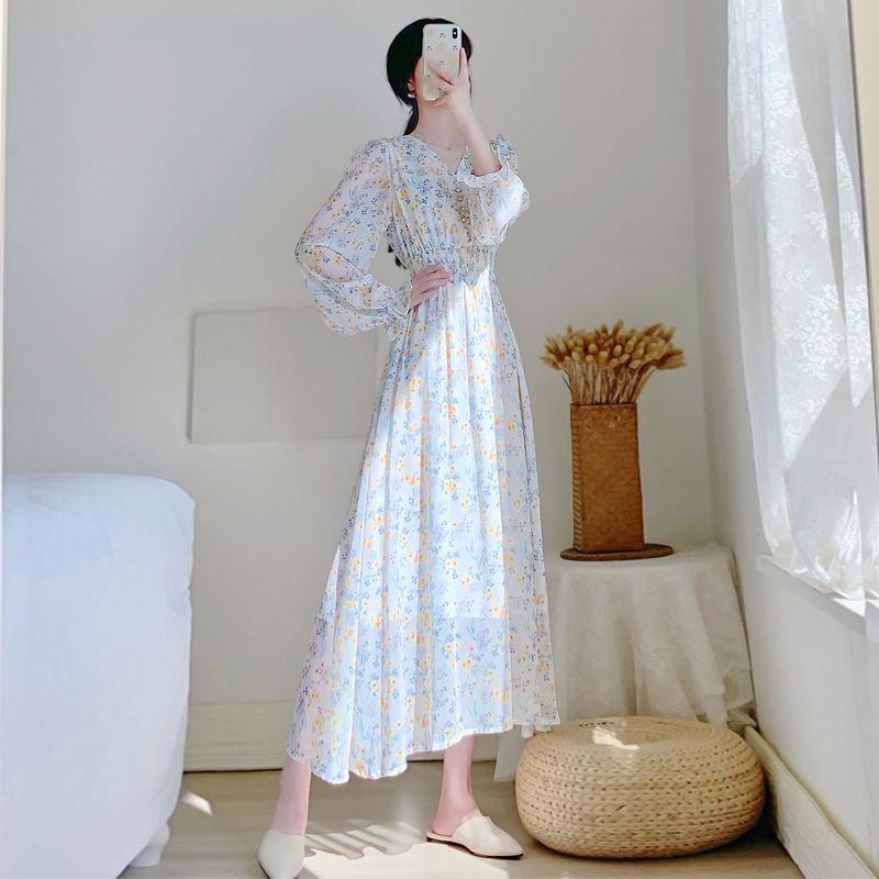 Sweet and Lovely Gentle Style Long Sleeve Long Skirt V-neck Chiffon Floral Dress Elegant Temperament Chiffon Fabric Light and Breathable