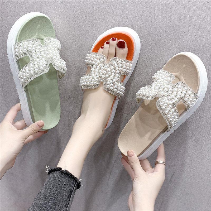 Sandals and slippers women wear summer flat bottom pearl rhinestone slippers net red wild word drag