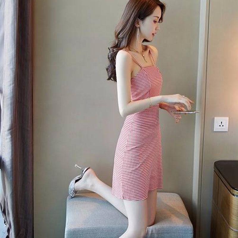 Women Slip Dress Summer Plaid Spaghetti Strap Pdress Sleeveless Sexy Backless Short Dress