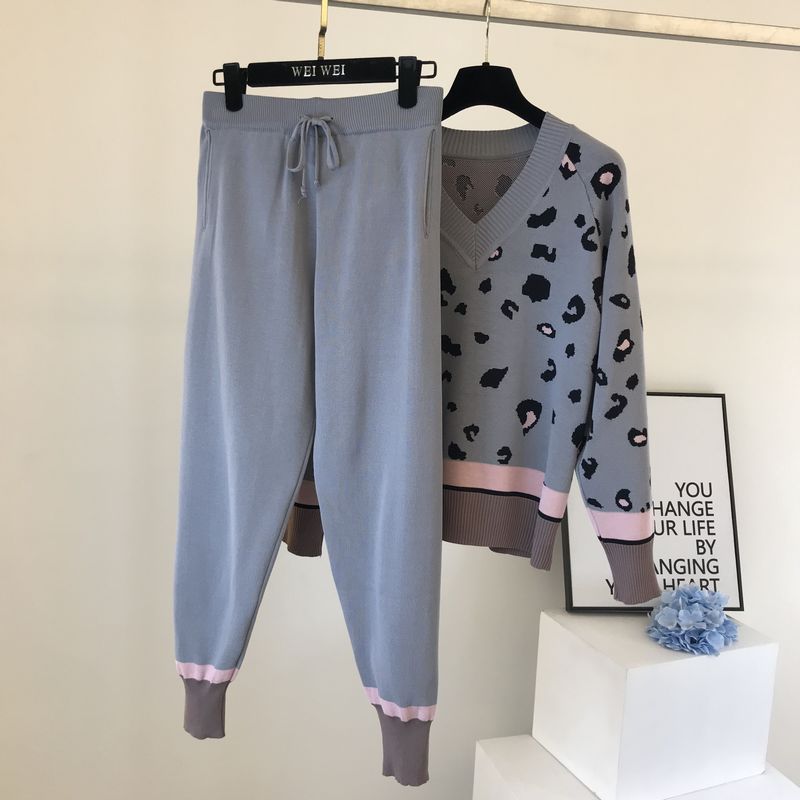 2pcs/set Women Knit Leopard Pullover Sweater+Pants 2 piece Sets ladies Jumpers Trousers 2 PCS Outfits