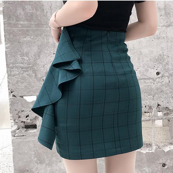 WTEMPO Green Ruffle Women Sexy Tight A-line Hip Skirt Short Skirt Above Knee Zipper Elastic Waist Club Casual Home Office