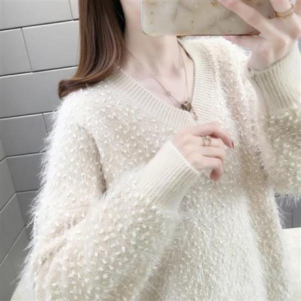 Korean Version of The Autumn and Winter Style Furry Bright Silk Sweater Women Loose Lazy Student Short V-neck Sweater All-match