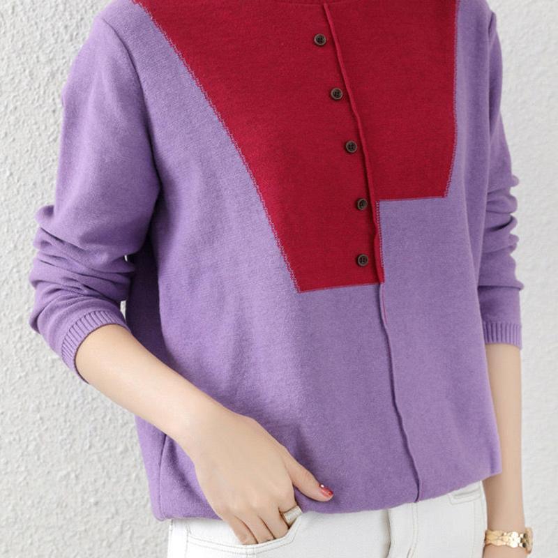 Autumn Women's Round Neck Knitted Tops Women Loose Slim Fit Color Matching Sweater Women's Long-sleeved  Design Sense