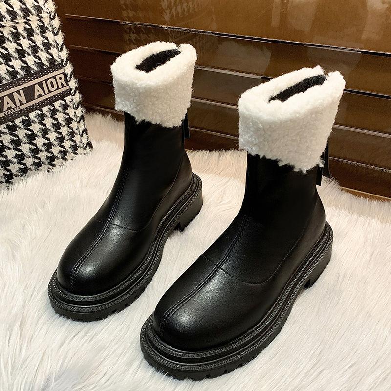Snow Boots Women's Sheep Martin Boots Winter Plus Velvet Warm Thick-soled Boots Increased Round Toe British Short Boots