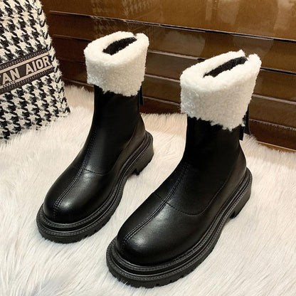 Snow Boots Women's Sheep Martin Boots Winter Plus Velvet Warm Thick-soled Boots Increased Round Toe British Short Boots