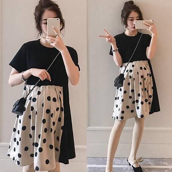 Maternity Clothes Short Sleeve Dress Mid-length Black Dots Loose Plus Size Maternity  Round Neck Skirt