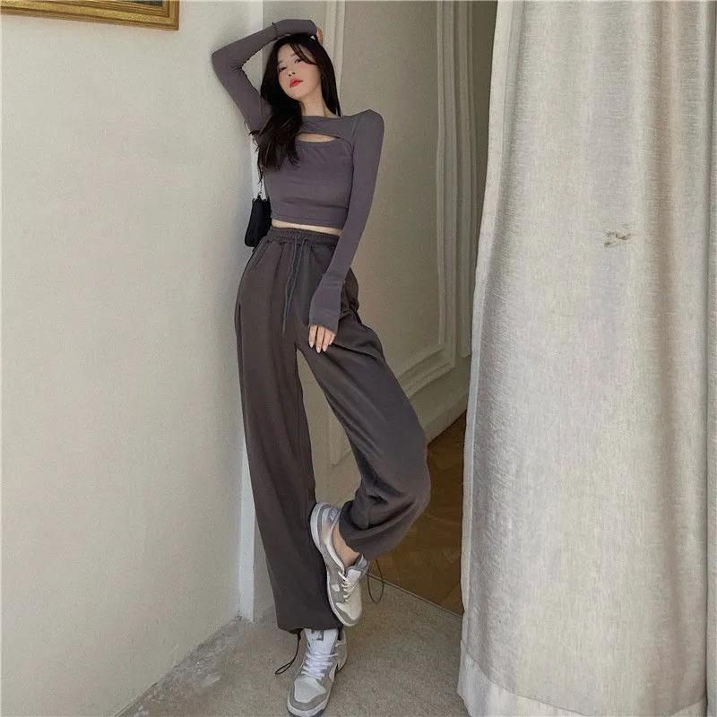 2PCS Ladies Pure Desire Suit Loose High Street Leisure Sports Two-piece Spring and Autumn Long Sleeve Sexy Loose Pants Suit