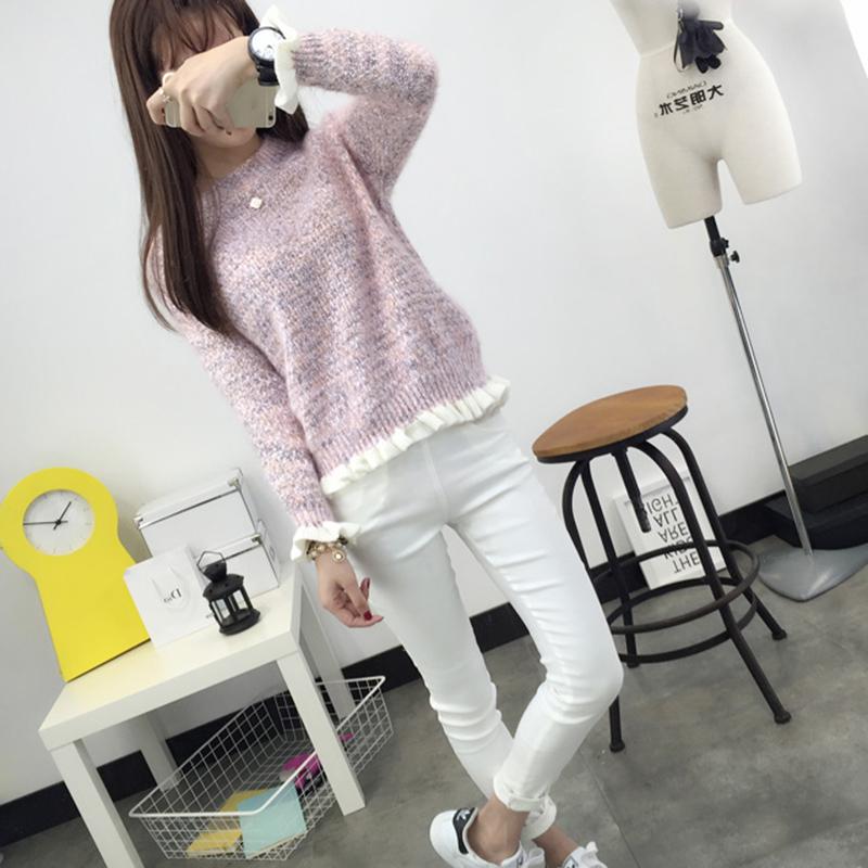 Autumn Winter  Sweater Women's Pullover Sweet Wood Ears Student Short Clothes Fresh Knitted Bottoming Sweater