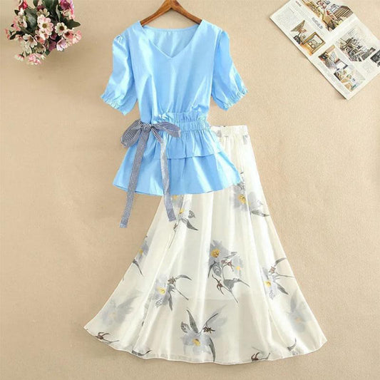 Chiffon Shirt Large Size Skirt Dress Set Waist Western Style High Waist A-Line Skirt