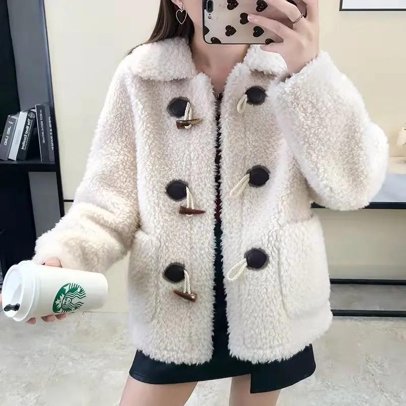 Women's Lamb Wool Coat Horns Buckle Sheared Wool Winter Korean Style Thick Square Collar Not Shed Hair Lapel Casual Loose Grain fleece Jacket Coat
