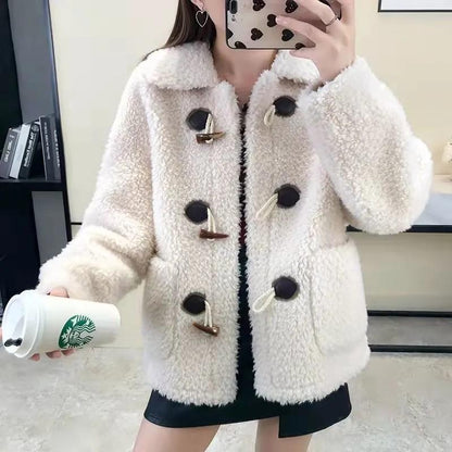 Women's Lamb Wool Coat Horns Buckle Sheared Wool Winter Korean Style Thick Square Collar Not Shed Hair Lapel Casual Loose Grain fleece Jacket Coat