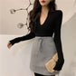 Pofulove Spicy Girl Must-have Sexy Deep V-neck Bottoming Sweater Solid Color Fit Pullover Knitwear