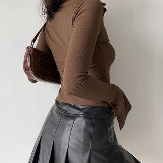 Flared-sleeve Shirt Polo Collar Lapel Five-color All-match Women's Slim Stretch Long-sleeved Top Women Shirts Blouses