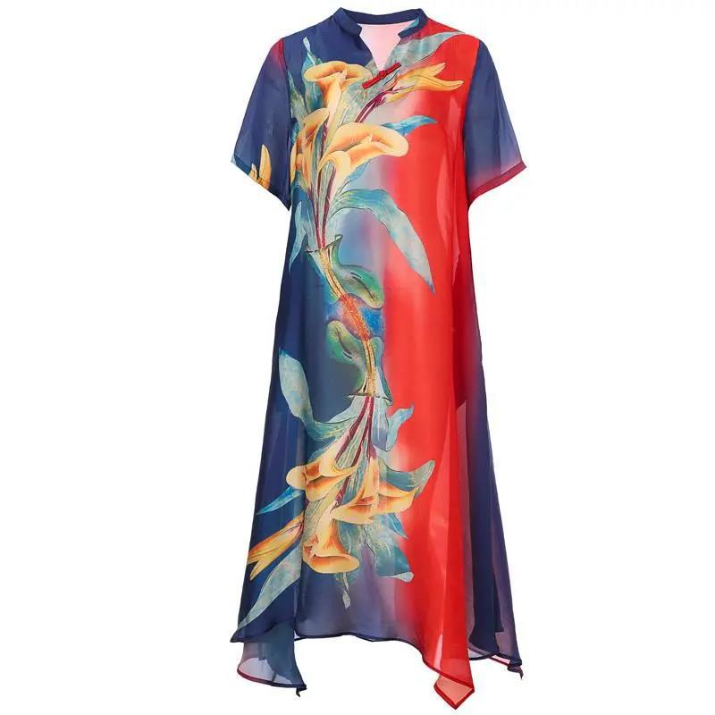 Chinese Style Cheongsam M-XXXXL Women's Summer Dress Middle-aged Short Sleeve Round Neck Printing Mid-length Daily Wear