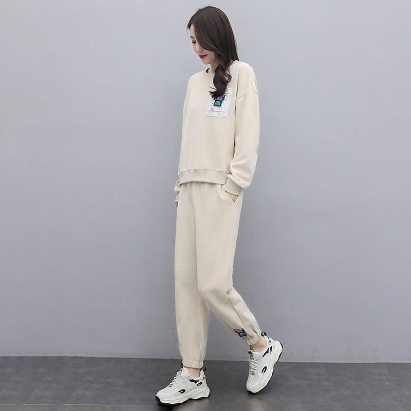 Sportswear Suit Women Loose and Thin Pullover Sweater Casual Two-piece Round Neck Long-sleeved Shirt + Casual Sports Pants Warm and Comfortable
