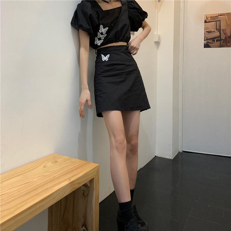 Black Butterfly 2 Pieces Ladies Suit Skirt Spring and Summer Short Sleeve Casual Vacation Office Home