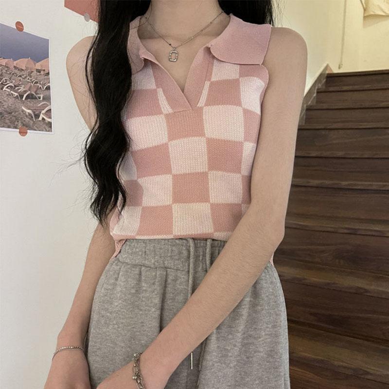 Short Checkerboard Slim Ice Silk Knitted Vest for Women with A Sense of Niche Outside Wearing Polo Collar Sleeveless Top