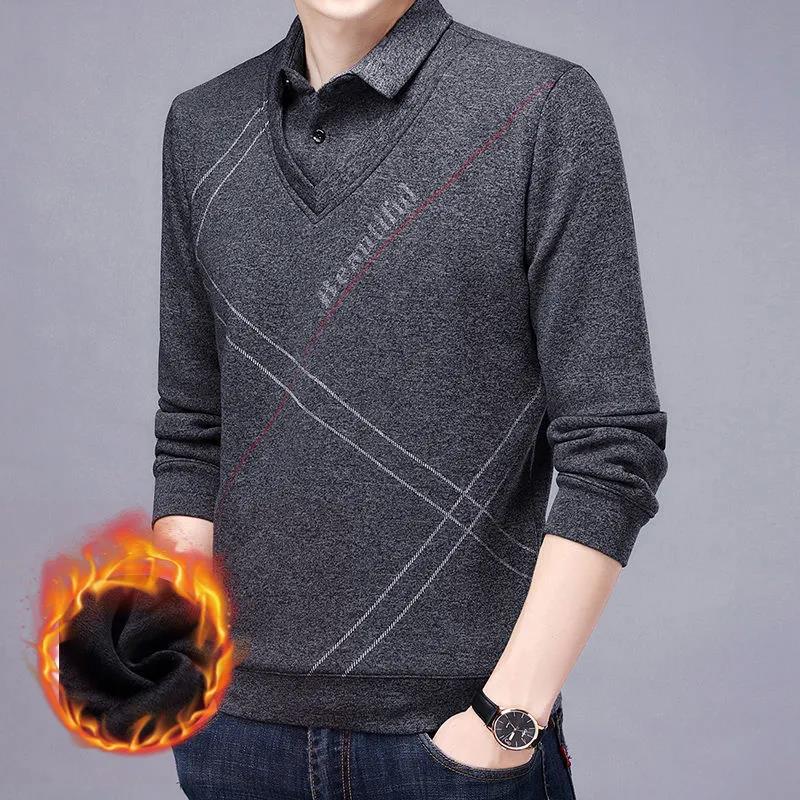 Fashion Spring Autumn Cotton Thick Men Polo Shirt Long Sleeve Warm Clothes Striped Tops Casual Polo Shirts Male