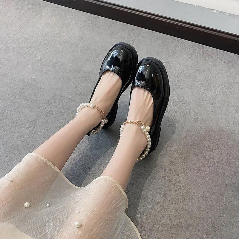 Shiny Flat Bottom Mary Jane Beanie Single Shoes Women's Shoes British Leather Shoes Round Toe Retro Thick Sole Leather Shoes