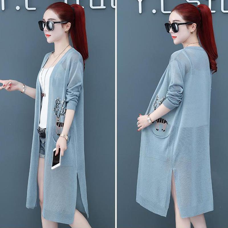 Ice Silk Cardigan with Women's Mid-length Knitted Shawl Long-sleeved Jacket Sunscreen Clothing Thin Air-conditioning Shirt Light and Breathable