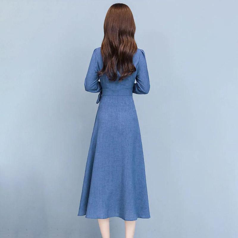 Long Sleeve Fashion Dress Female Spring Summer Korean Style Noble Temperament Slim Slimming Cotton and Linen Midi Skirt