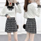 Autumn and Winter Knit Sweater Suit Women Lace Stitching V-neck Sweater Top and Short Plaid Wool Skirt Two-piece Female Elegant Outfits
