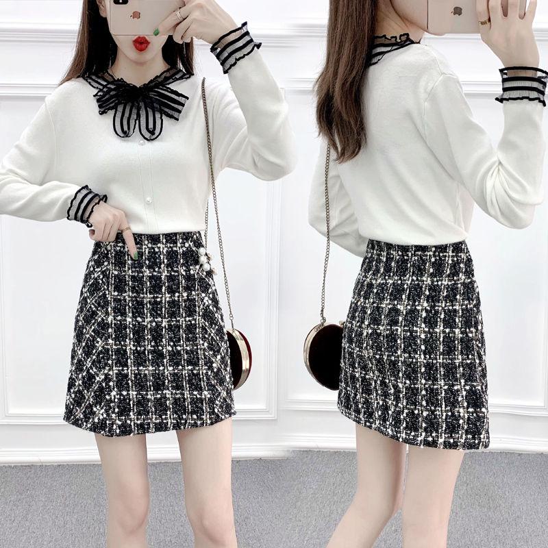 Autumn and Winter Knit Sweater Suit Women Lace Stitching V-neck Sweater Top and Short Plaid Wool Skirt Two-piece Female Elegant Outfits