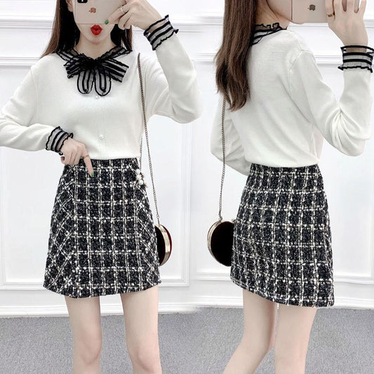 Autumn and Winter Knit Sweater Suit Women Lace Stitching V-neck Sweater Top and Short Plaid Wool Skirt Two-piece Female Elegant Outfits