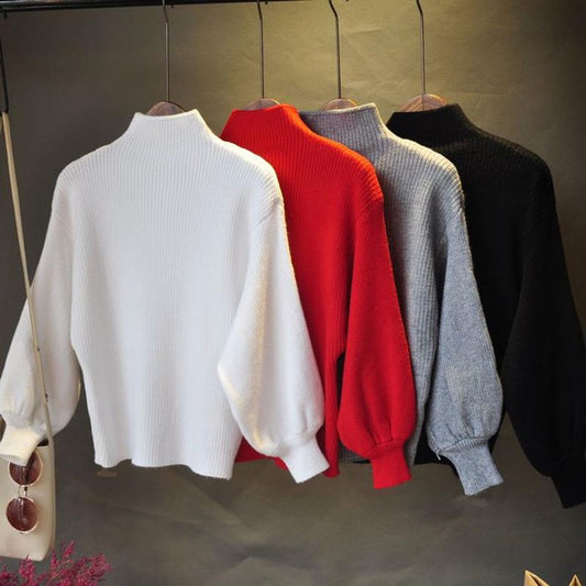 Short Lantern Sleeve Autumn/Winter Blouse Loose Pullover Long Sleeve Sweater Half Turtleneck Knitwear Women