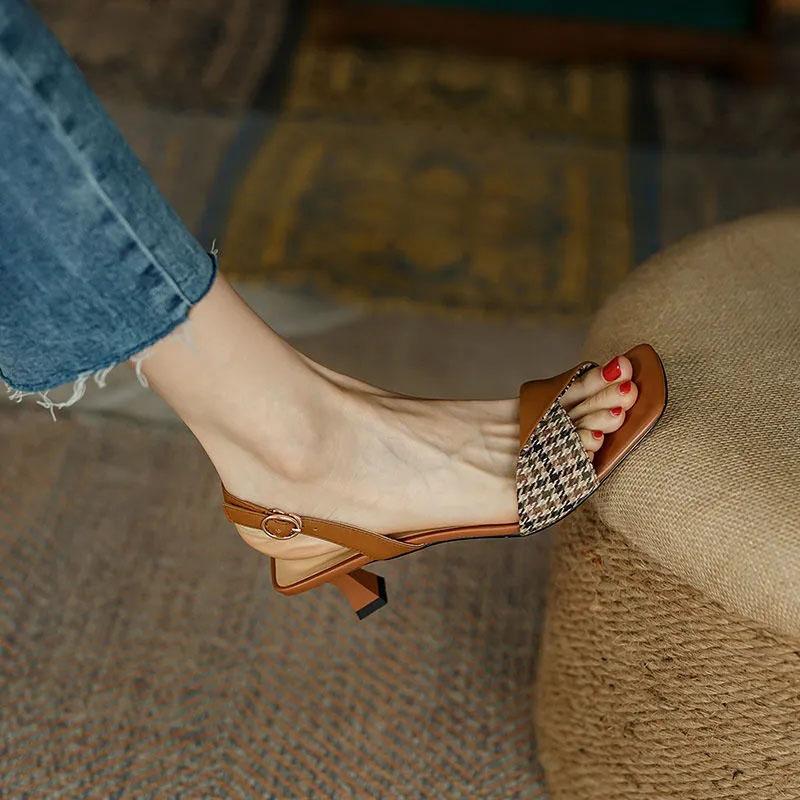Sandals for Women Summer Mid-heel Square Toe Soft Leather All-match Stiletto Heel French High-heeled Sandal Temperament  Elegant Plaid Sandals