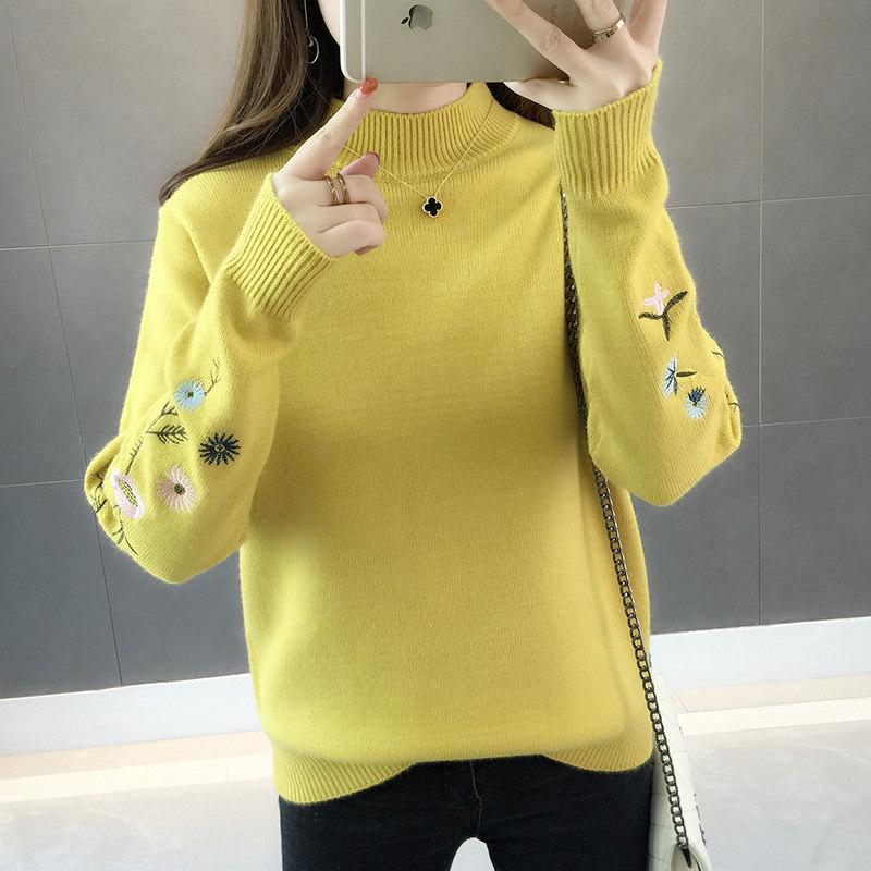 Pofulove Women's pullover top Embroidered half turtleneck sweater loose large size bottoming shirt long sleeve sweater winter