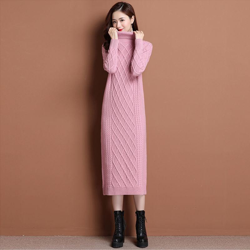 High Neck Pullover Long Outer Wear Sweater Skirt Over The Knee To Keep Warm Slim and Slim Matching Coat Knitted Dress Female Temperament Sweater Skirt