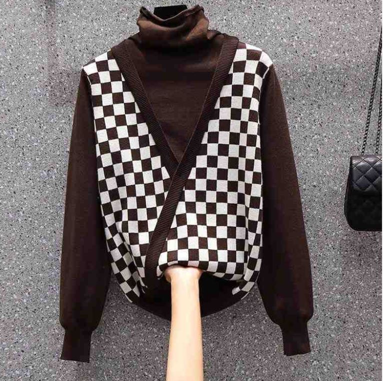 Women's Fashion Checkerboard Two-Piece Sweater High Neck Thickened Mid-Length Knit Sweater Loose Large Size Sweater