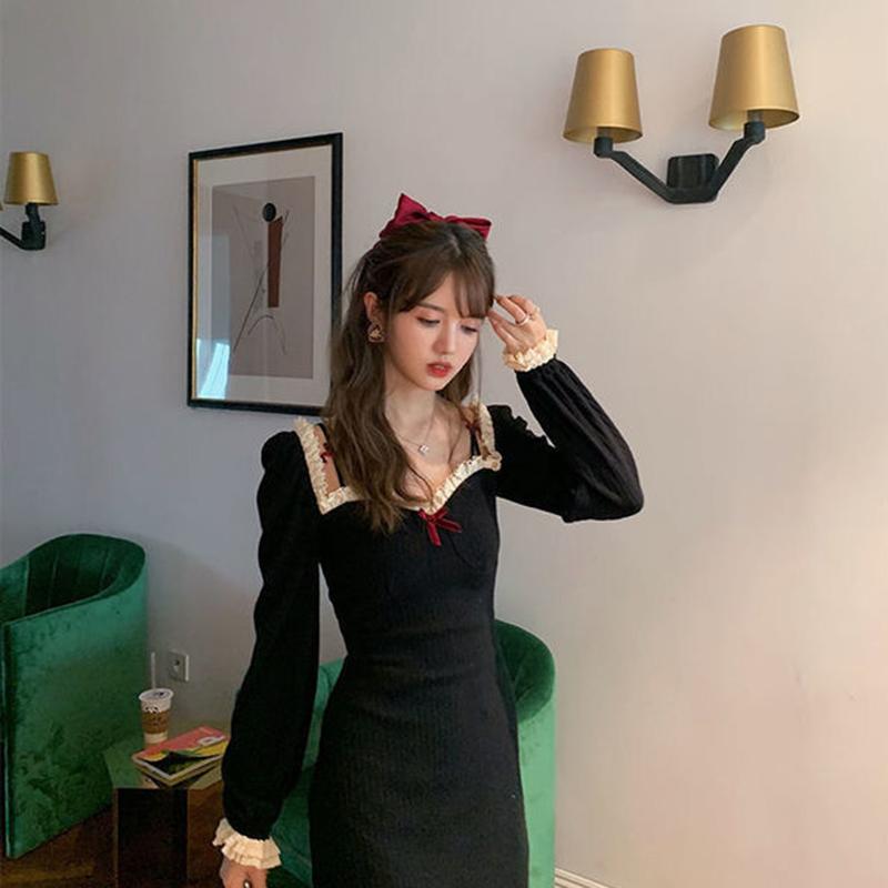 Girl Retro Elegant Temperament Waist Was Thinner Shoulder Lace Knitted Dress Autumn  Winter