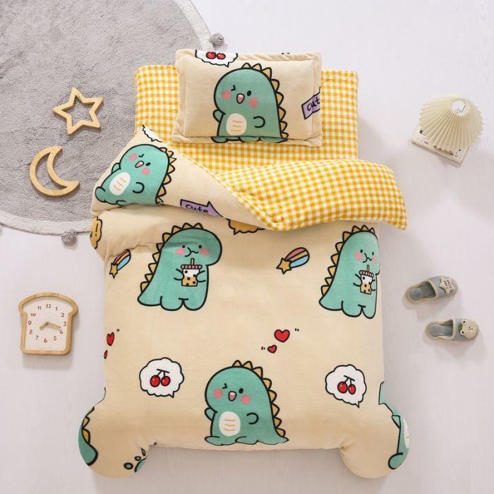 Children's Bed Three-piece Soft Skin-friendly Pillowcase Quilt Cover Sheet Milk Velvet Warm Bed Set Baby Bedding
